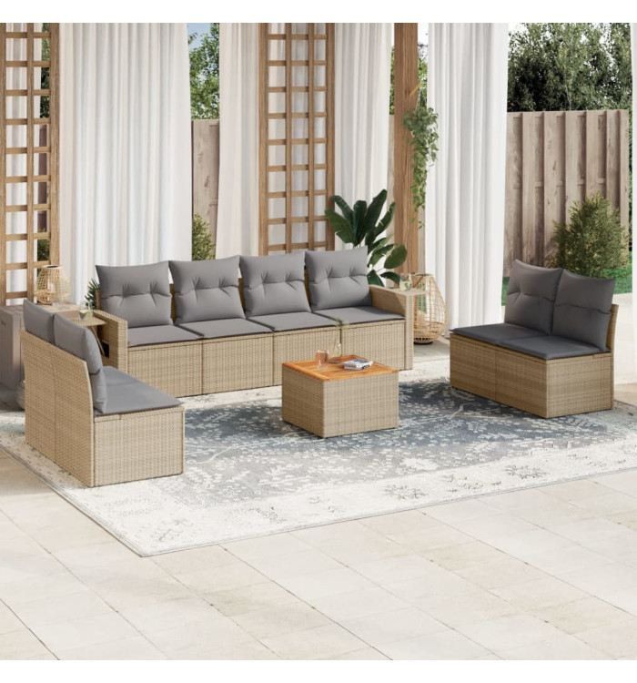 Salon de jardin avec coussins 9 pcs beige résine tressée | Mobilier & Déco