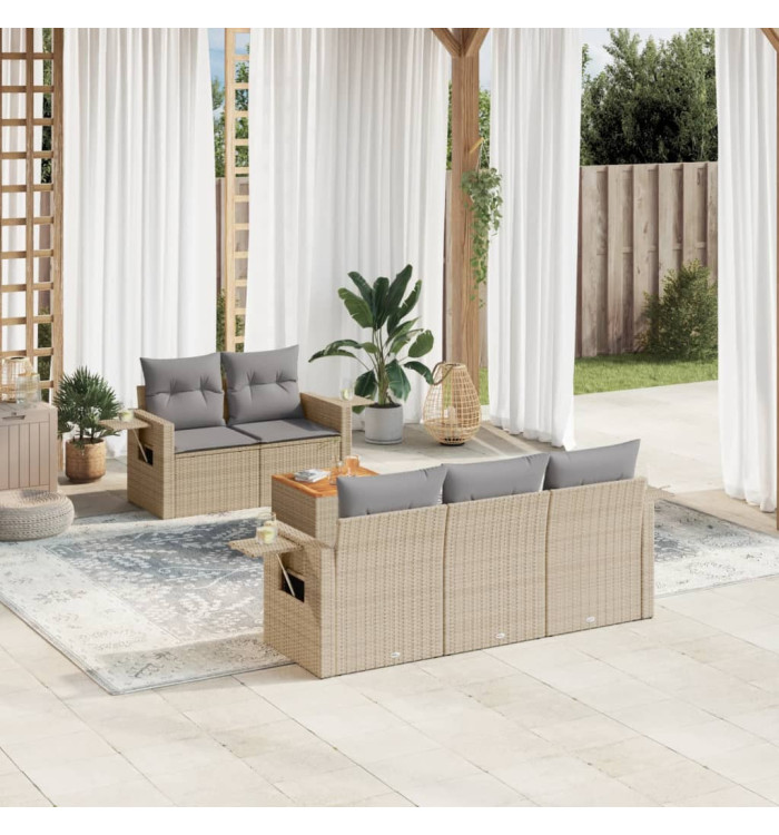 Salon de jardin avec coussins 6 pcs beige résine tressée | Mobilier & Déco