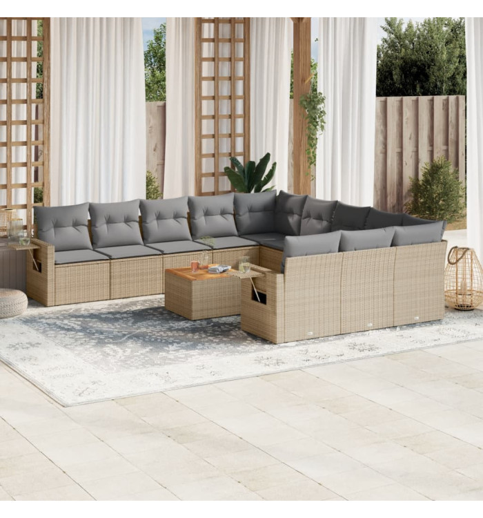 Salon de jardin avec coussins 12 pcs beige résine tressée | Mobilier & Déco
