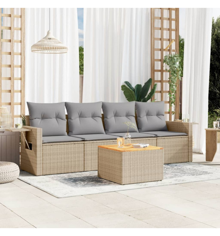 Salon de jardin avec coussins 5 pcs beige résine tressée | Mobilier & Déco