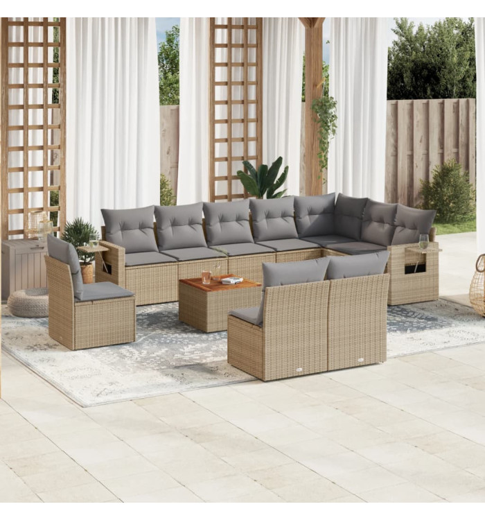 Salon de jardin 11 pcs avec coussins beige résine tressée | Mobilier & Déco