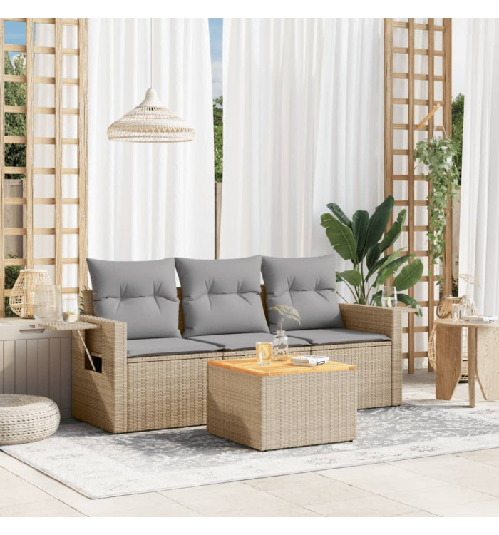 Salon de jardin avec coussins 4 pcs beige résine tressée | Mobilier & Déco