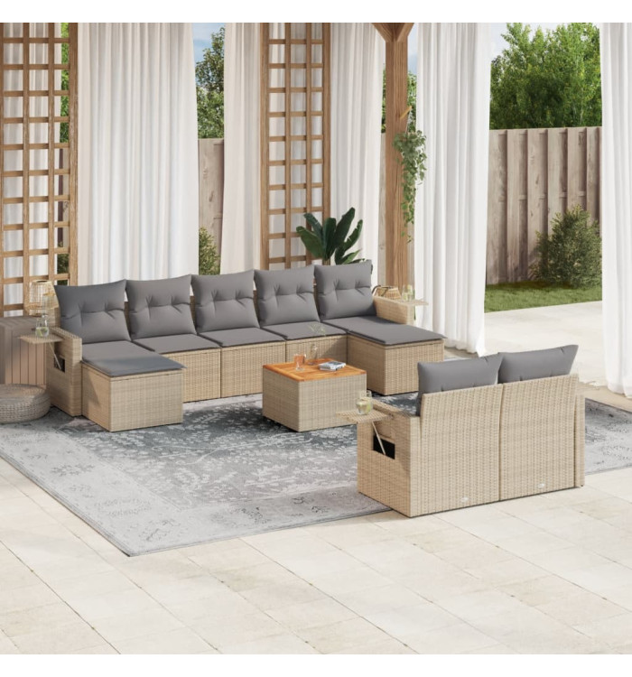 Salon de jardin avec coussins 10 pcs beige résine tressée | Mobilier & Déco