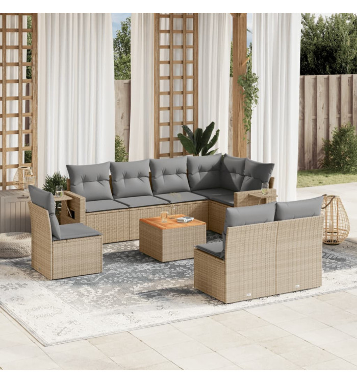 Salon de jardin avec coussins 9 pcs beige résine tressée | Mobilier & Déco