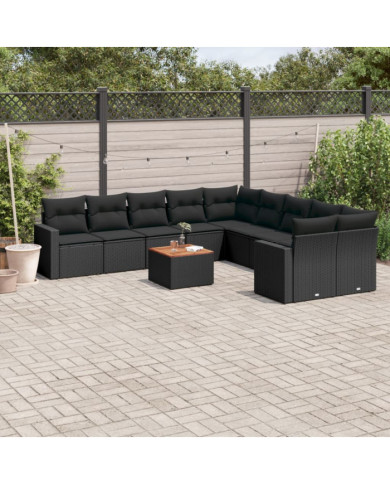 Salon de jardin 11 pcs avec coussins noir résine tressée | Mobilier & Déco