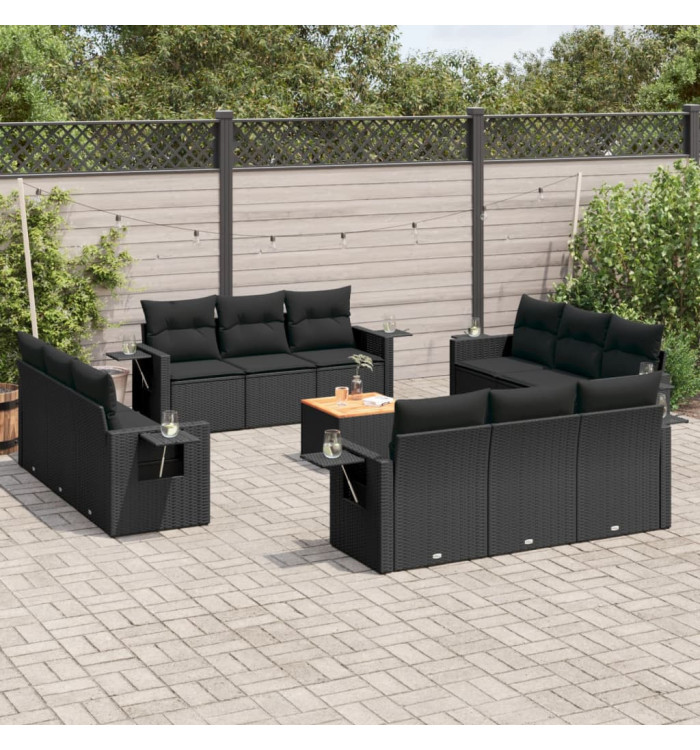 Salon de jardin avec coussins 13 pcs noir résine tressée | Mobilier & Déco
