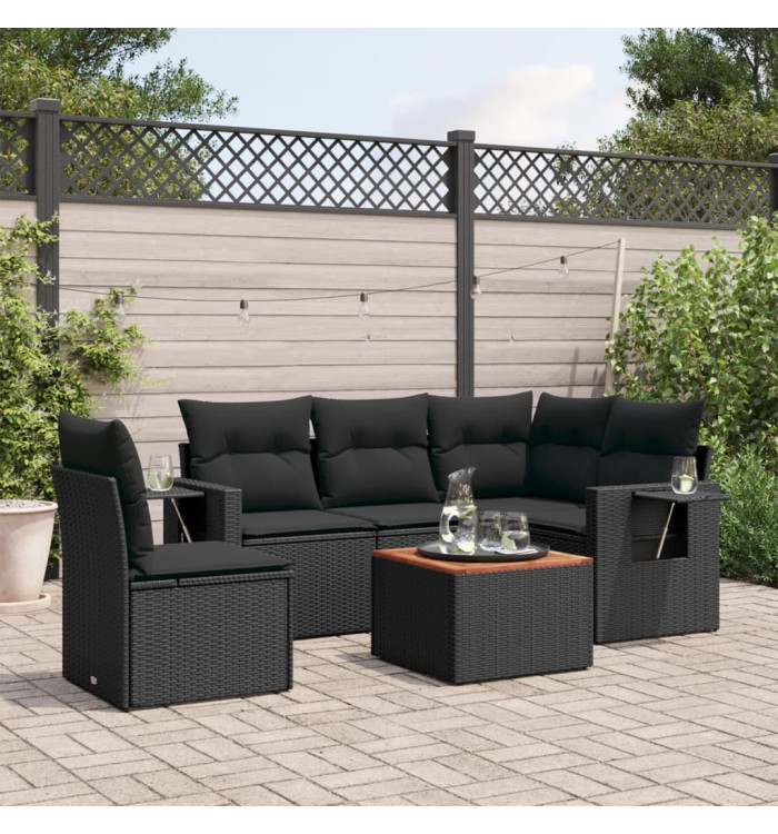 Salon de jardin 6 pcs avec coussins noir résine tressée | Mobilier & Déco