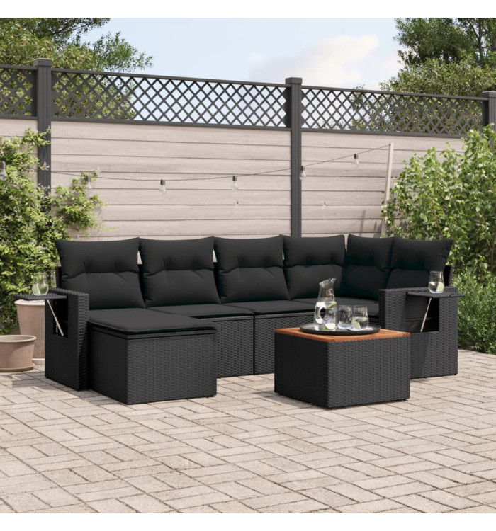 Salon de jardin 7 pcs avec coussins noir résine tressée | Mobilier & Déco