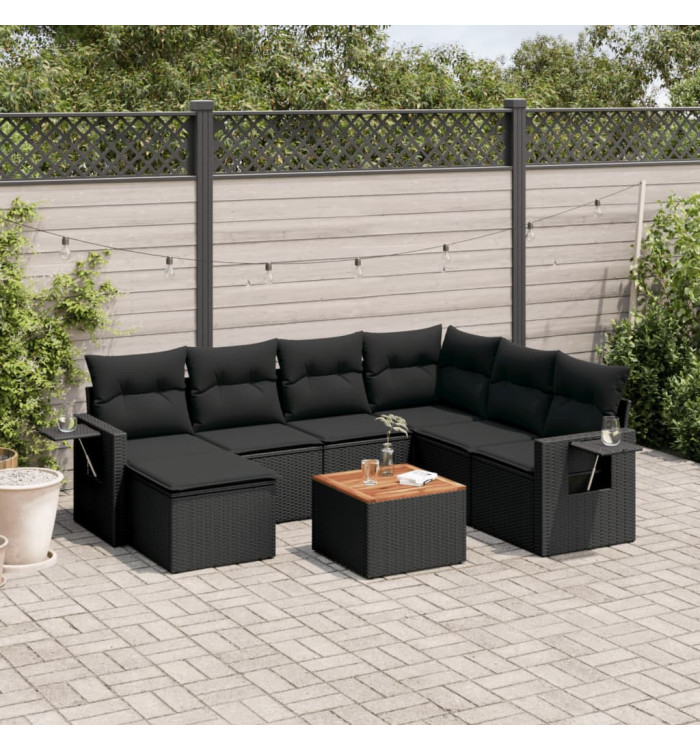 Salon de jardin 8 pcs avec coussins noir résine tressée | Mobilier & Déco