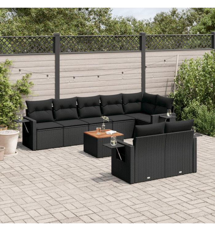 Salon de jardin 9 pcs avec coussins noir résine tressée | Mobilier & Déco
