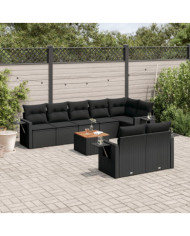 Salon de jardin 9 pcs avec coussins noir résine tressée | Mobilier & Déco