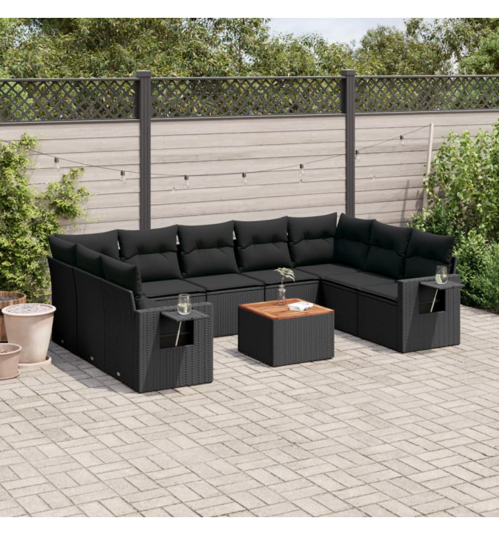 Salon de jardin 10 pcs avec coussins noir résine tressée | Mobilier & Déco