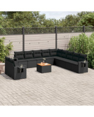 Salon de jardin 12 pcs avec coussins noir résine tressée | Mobilier & Déco
