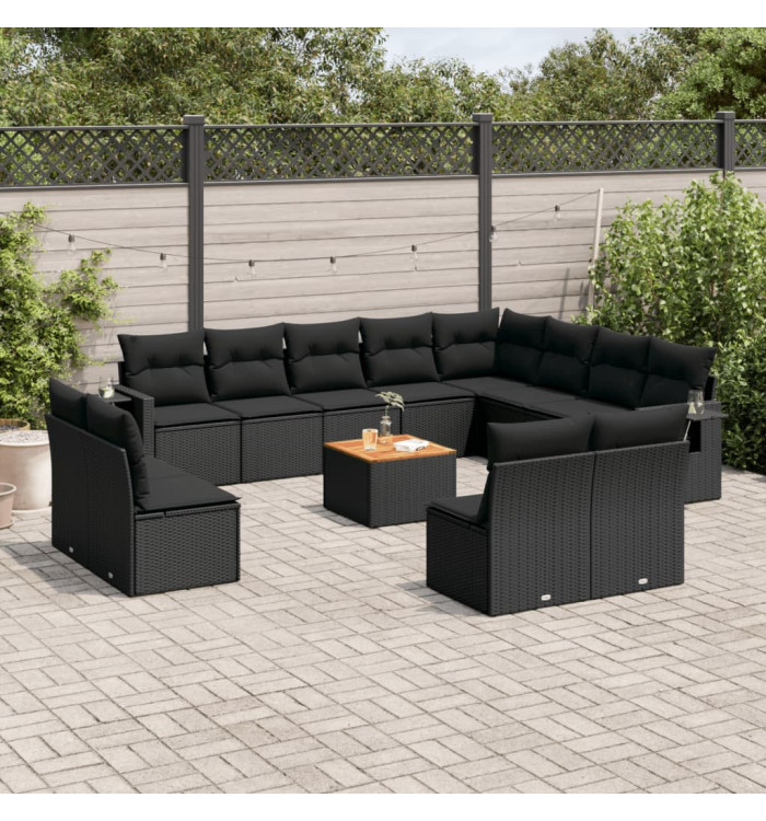Salon de jardin avec coussins 13 pcs noir résine tressée | Mobilier & Déco