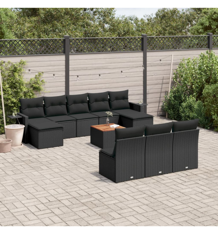 Salon de jardin 11 pcs avec coussins noir résine tressée | Mobilier & Déco