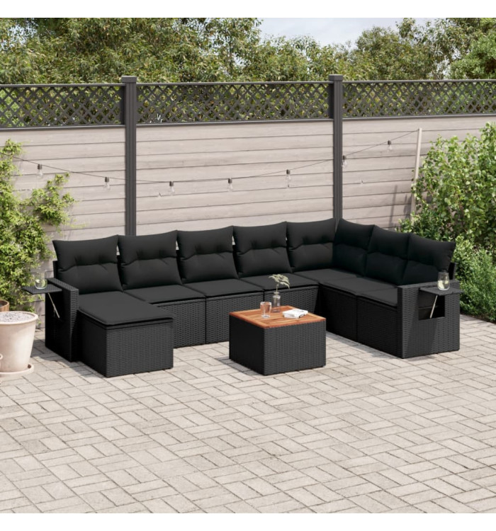 Salon de jardin 9 pcs avec coussins noir résine tressée | Mobilier & Déco
