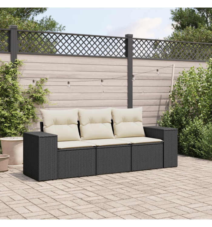 Salon de jardin 3 pcs avec coussins noir résine tressée | Mobilier & Déco