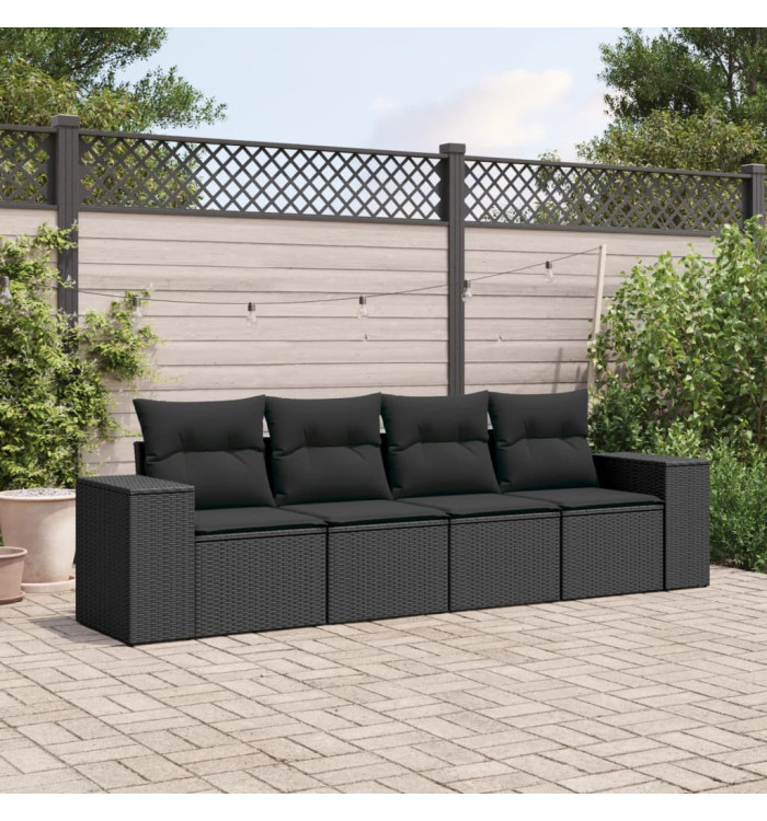 Salon de jardin 4 pcs avec coussins noir résine tressée | Mobilier & Déco