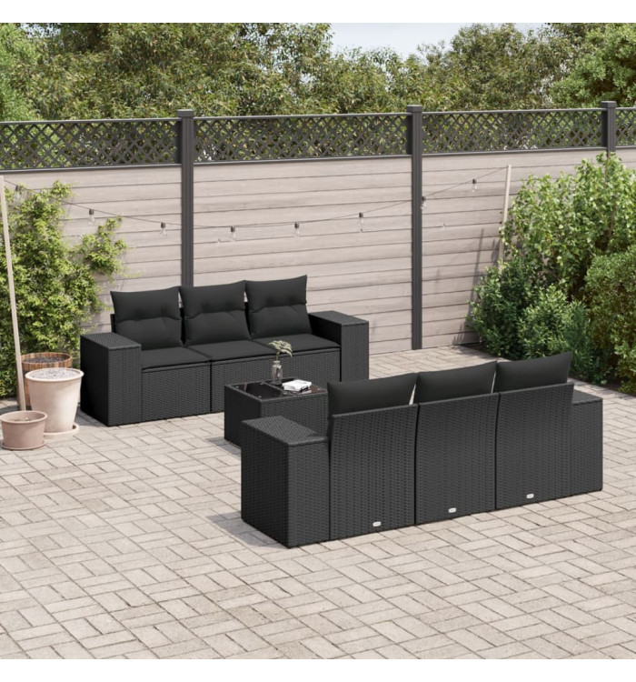 Salon de jardin 7 pcs avec coussins noir résine tressée | Mobilier & Déco