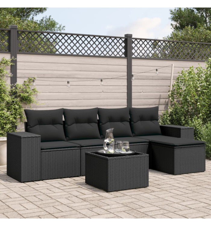 Salon de jardin 6 pcs avec coussins noir résine tressée | Mobilier & Déco