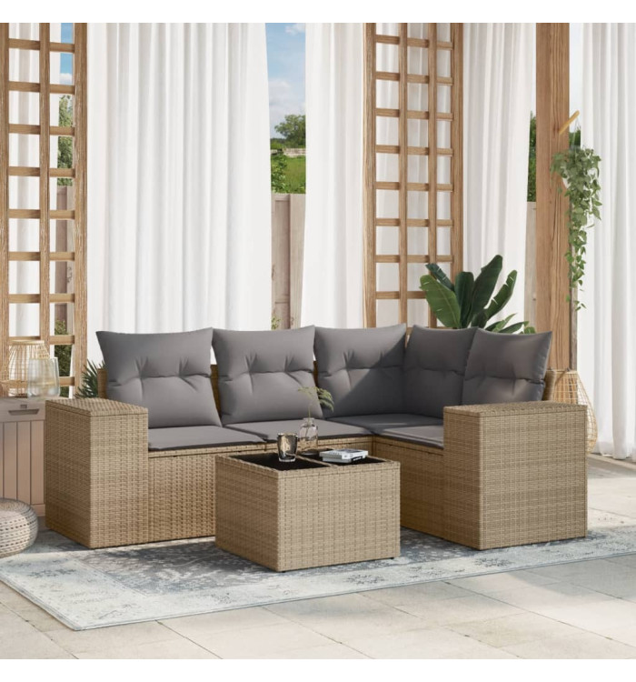 Salon de jardin avec coussins 5 pcs beige résine tressée | Mobilier & Déco