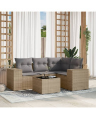 Salon de jardin avec coussins 5 pcs beige résine tressée | Mobilier & Déco