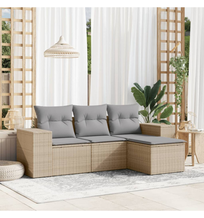 Salon de jardin avec coussins 4 pcs beige résine tressée | Mobilier & Déco
