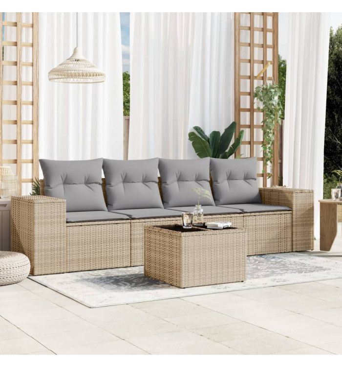Salon de jardin avec coussins 5 pcs beige résine tressée | Mobilier & Déco