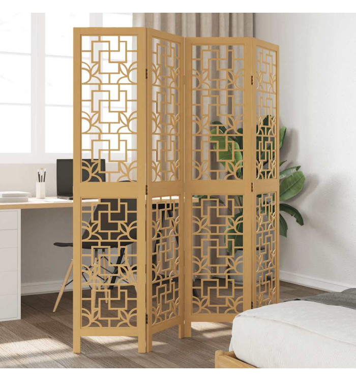 Cloison de séparation 4 panneaux marron bois paulownia massif | Mobilier & Déco