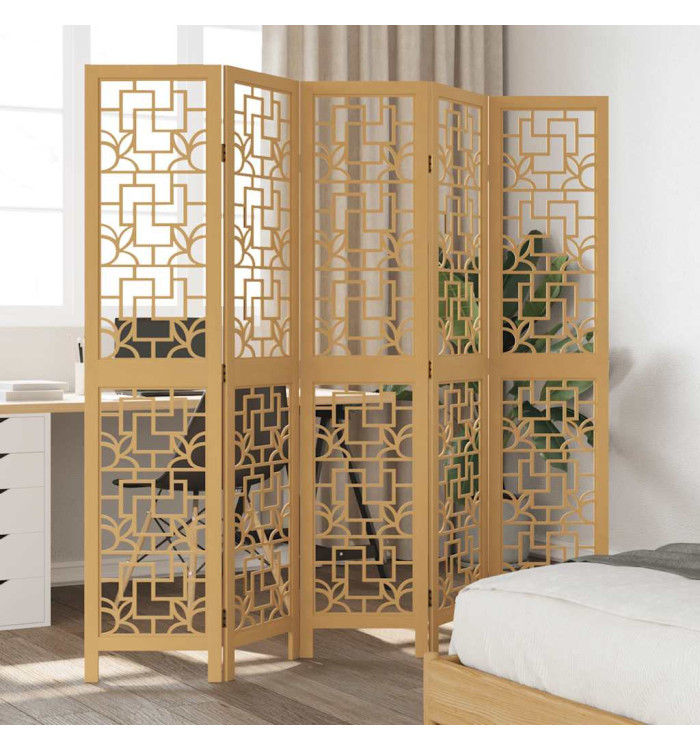 Cloison de séparation 5 panneaux marron bois paulownia massif | Mobilier & Déco