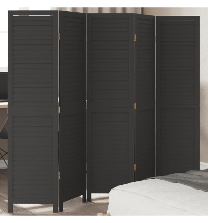 Cloison de séparation 5 panneaux noir bois de paulownia massif | Mobilier & Déco