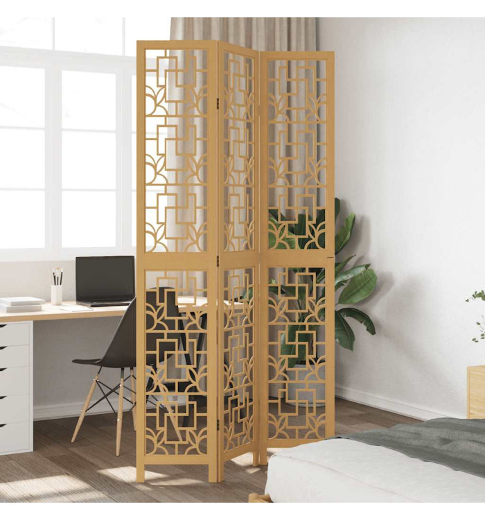 Cloison de séparation 3 panneaux marron bois paulownia massif | Mobilier & Déco