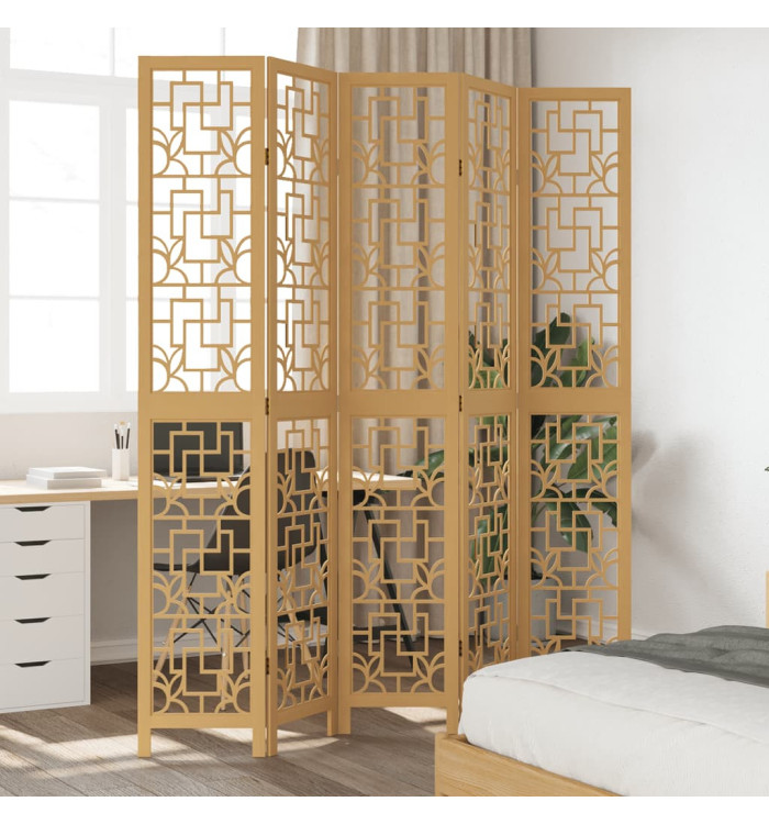 Cloison de séparation 5 panneaux marron bois paulownia massif | Mobilier & Déco