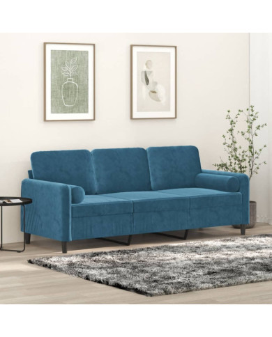 Canapé 3 places avec oreillers décoratifs bleu 180 cm velours | Mobilier & Déco