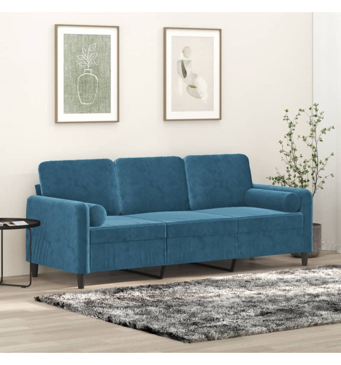 Canapé 3 places avec oreillers décoratifs bleu 180 cm velours | Mobilier & Déco
