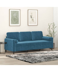 Canapé 3 places avec oreillers décoratifs bleu 180 cm velours | Mobilier & Déco