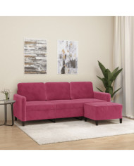 Canapé à 3 places et repose-pieds Rouge bordeaux 180 cm Velours | Mobilier & Déco