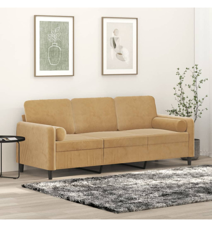 Canapé 3 places avec oreillers décoratifs marron 180 cm velours | Mobilier & Déco