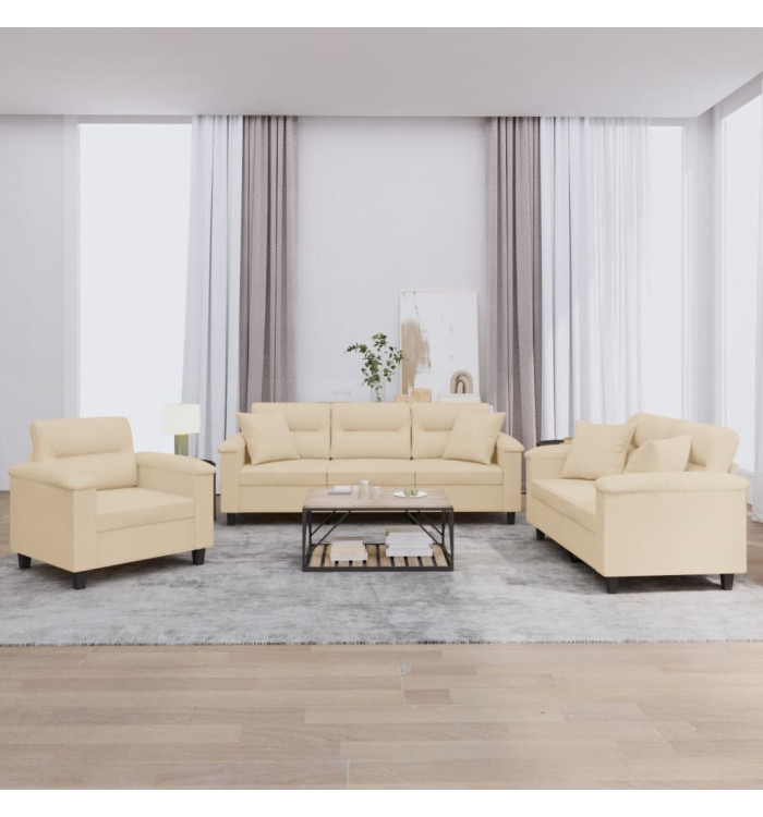 Ensemble de canapés 3 pcs avec coussins Crème Tissu microfibre | Mobilier & Déco