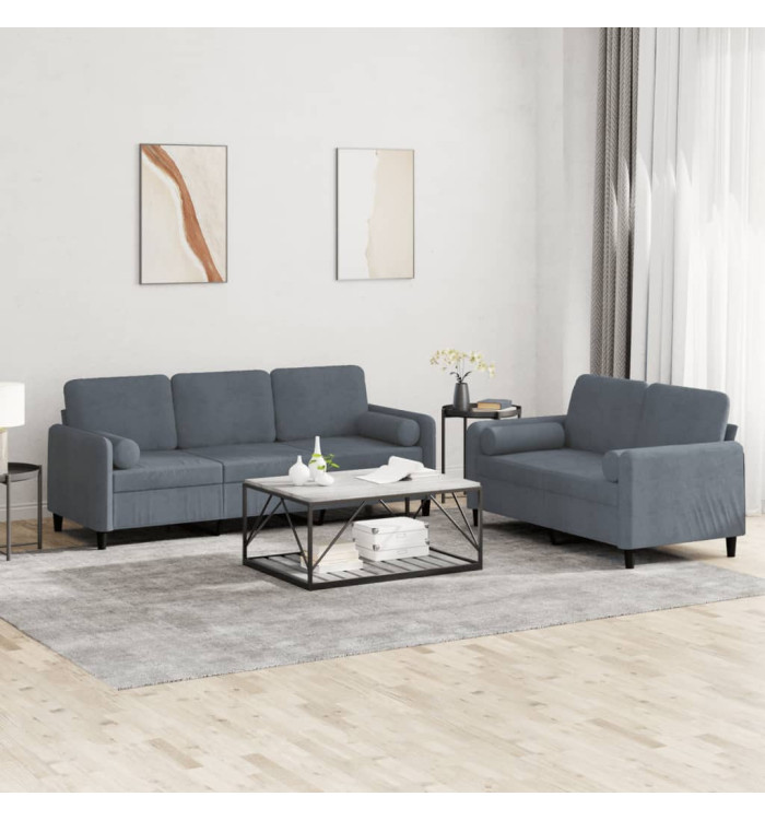 Ensemble de canapés 2 pcs avec coussins gris foncé velours | Mobilier & Déco