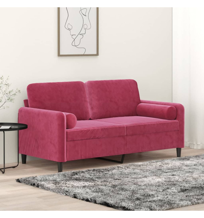 Canapé 2 places avec oreillers bordeaux 140 cm velours | Mobilier & Déco