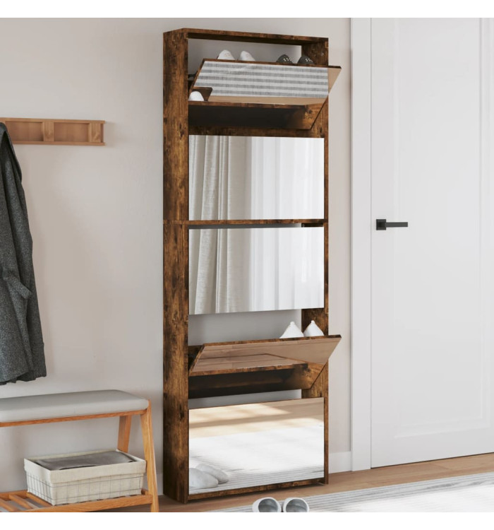 Armoire à chaussures miroir 5 niveaux chêne fumé 63x17x169,5 cm | Mobilier & Déco