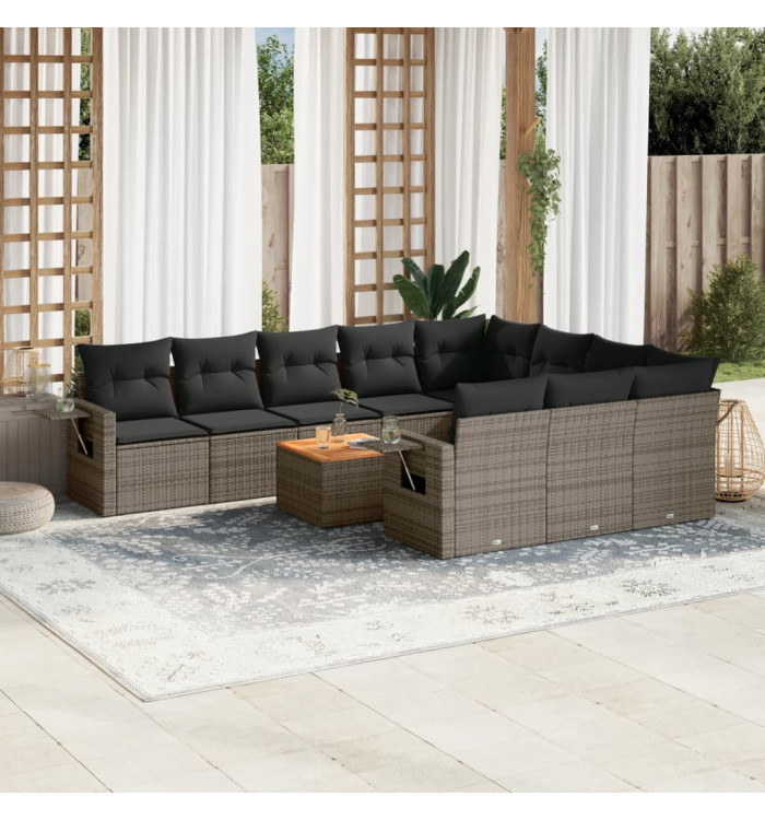 Salon de jardin 11 pcs avec coussins gris résine tressée | Mobilier & Déco