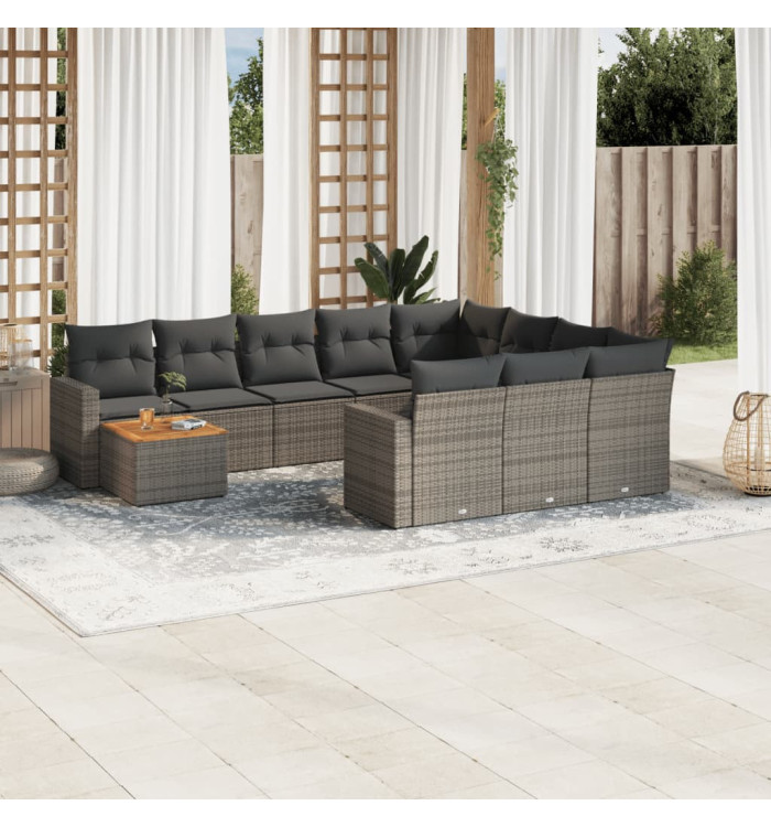 Salon de jardin 11 pcs avec coussins gris résine tressée | Mobilier & Déco