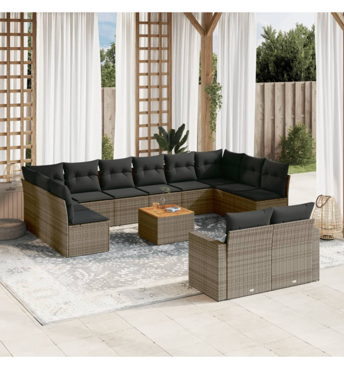 Salon de jardin avec coussins 13 pcs gris résine tressée | Mobilier & Déco