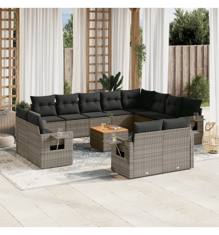 Salon de jardin avec coussins 13 pcs gris résine tressée | Mobilier & Déco