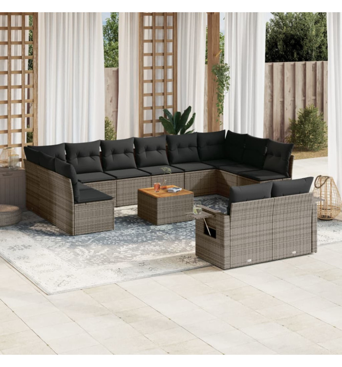 Salon de jardin avec coussins 13 pcs gris résine tressée | Mobilier & Déco