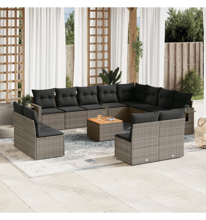 Salon de jardin avec coussins 13 pcs gris résine tressée | Mobilier & Déco