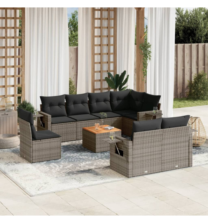 Salon de jardin 9 pcs avec coussins gris résine tressée | Mobilier & Déco