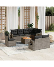 Salon de jardin 9 pcs avec coussins gris résine tressée | Mobilier & Déco